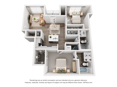 Floor plan for 2 beds, 2 baths, 1079 sqft